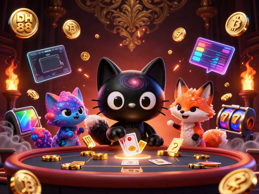Engage in the DH 88 casino experience as a black hole cat pulls in winning chips in an illuminated cosmic setting.