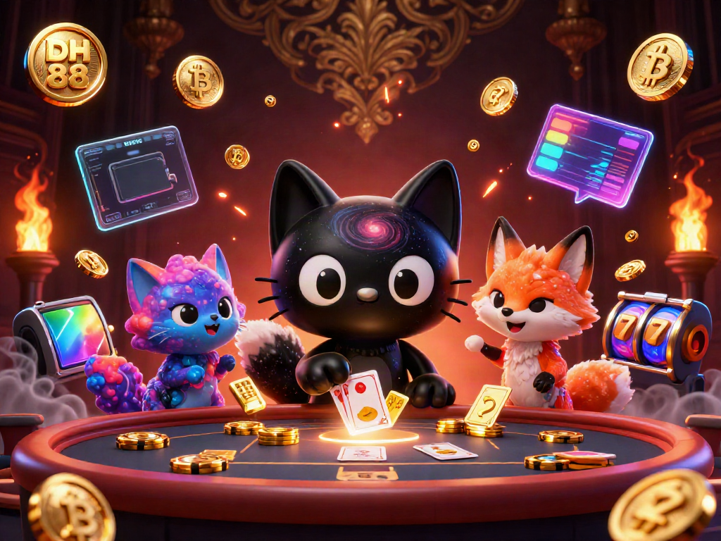 Engage in the DH 88 casino experience as a black hole cat pulls in winning chips in an illuminated cosmic setting.