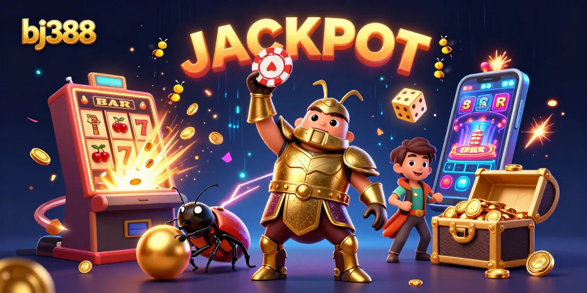 Experience big wins with bj388 as a victorious beetle lifts a poker chip amidst casino excitement.