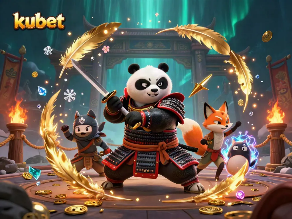 Kubet samurai panda and ninja fox battle in a dynamic casino scene full of gold coins and energy.