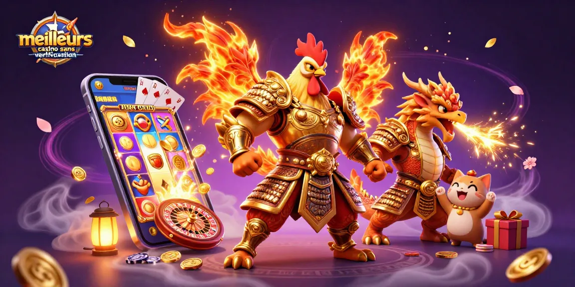Découvrez les meilleurs casinos sans vérification avec un guerrier coq et un dragon dans une scène ludique.