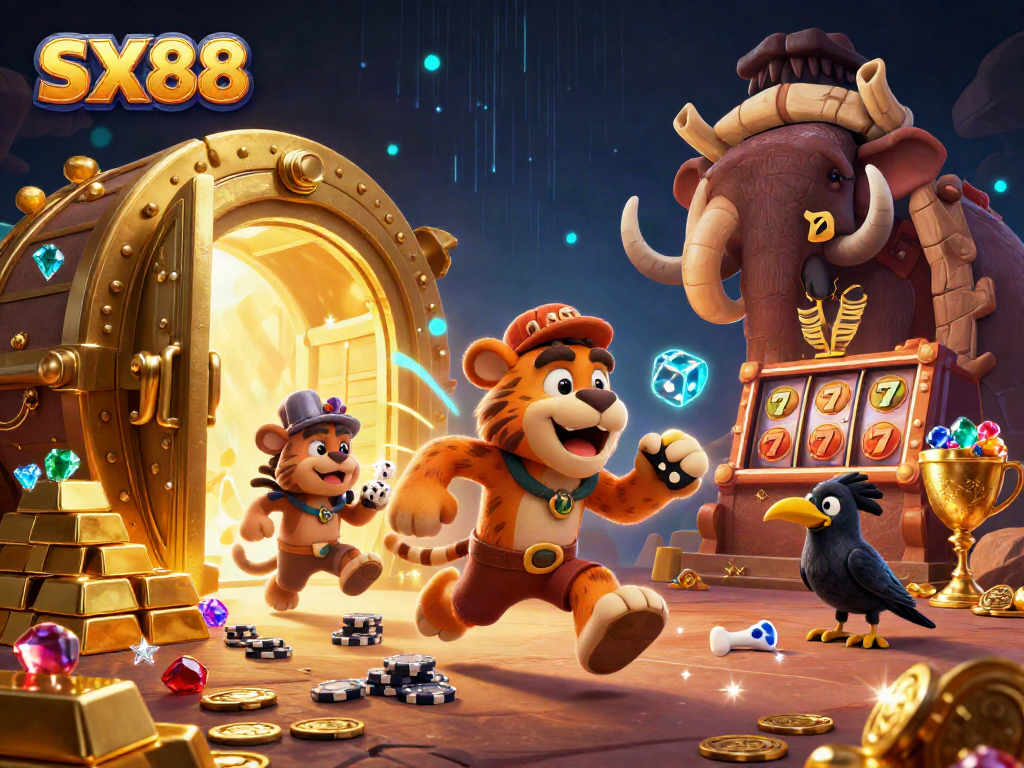 SX88 casino illustration featuring a cartoon caveman and sabertooth tiger managing a prehistoric casino with vibrant gaming elements.