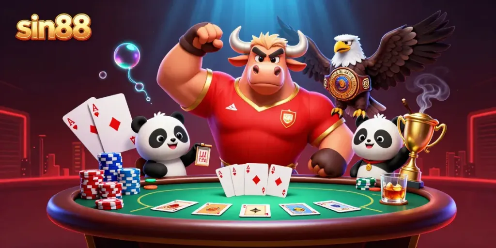Celebrate wins with the lively sin88 scene featuring a victorious bull, eagle, and panda surrounded by gaming action.