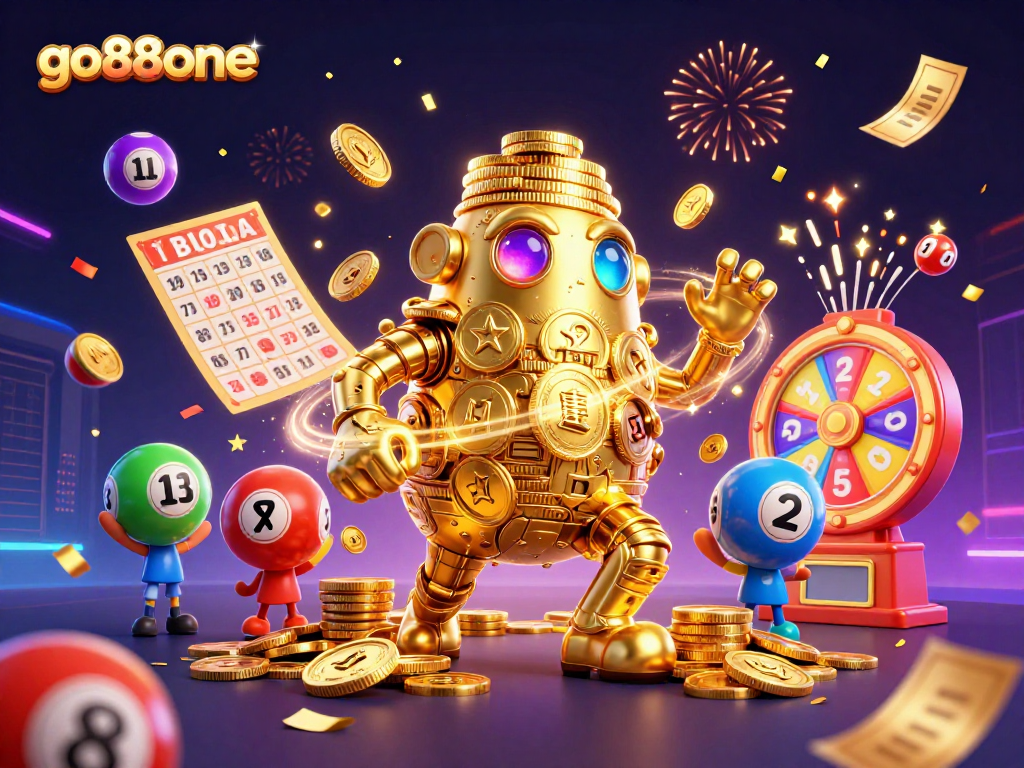 Experience excitement at go88one with vibrant gaming elements, celebrations, and a golden golem.
