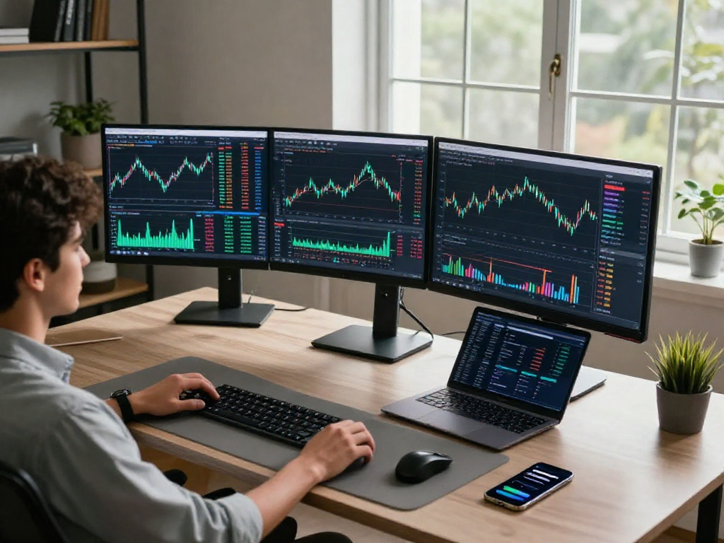 在 MetaTrader 5 官网，展示加密货币交易及分析的专业工作环境，包含多个设备和金融数据。
