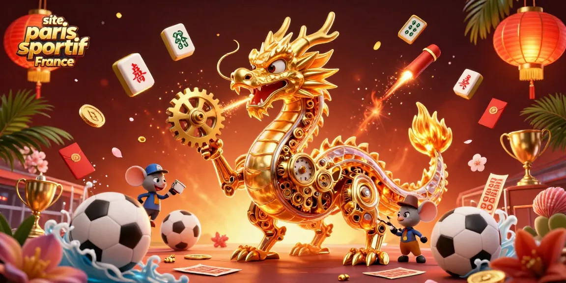 Plongez dans l'univers du site paris sportif France avec cette illustration captivante illustrant un dragon doré et des éléments de paris sportifs.