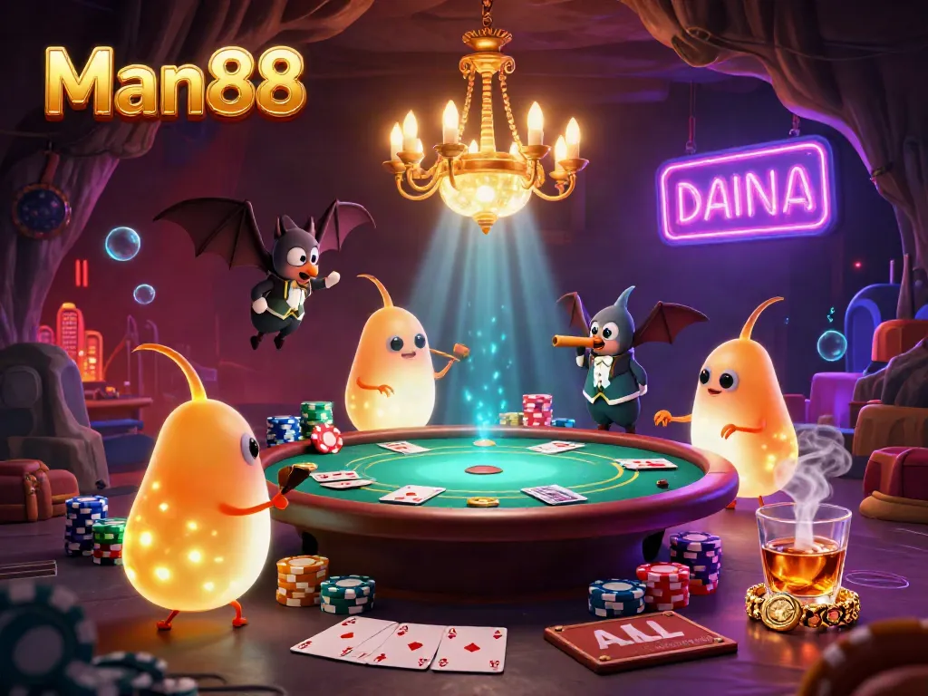 Experience the vibrant casino ambiance of Man88 with bioluminescent glowworms and dynamic poker gameplay.