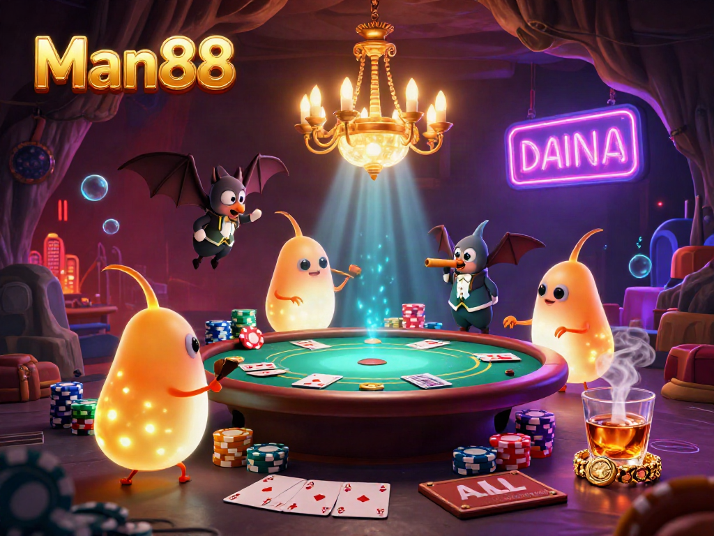 Experience the vibrant casino ambiance of Man88 with bioluminescent glowworms and dynamic poker gameplay.