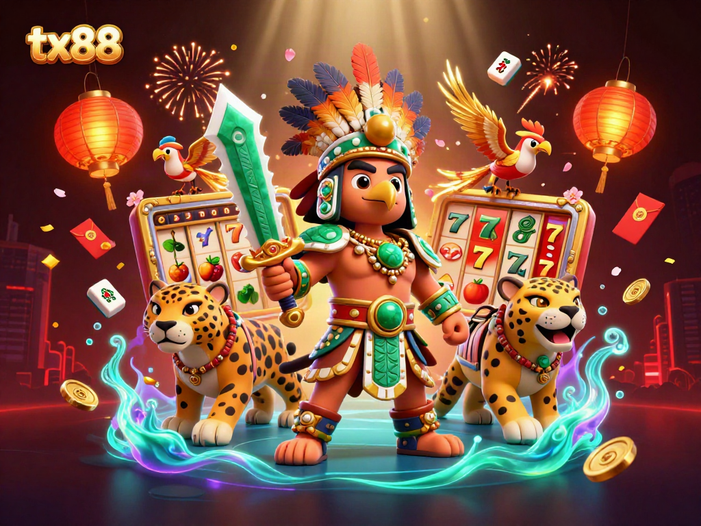 Engage with tx88's vibrant slot gaming scene featuring dynamic Aztec warriors and colorful casino elements.