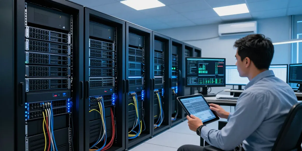 Engaged IT technician monitoring servidores dedicados en Mexico at a modern data center, showcasing efficiency and security.