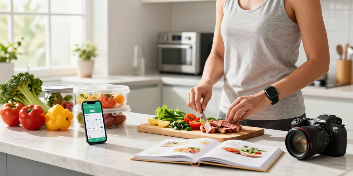 Healthy meal preparation with the best nutrition tracking app visible on smartphone in bright kitchen