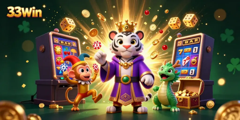 Engage in thrilling wins with 33Win's exciting cartoon casino scene featuring jackpot surprises and fun characters.