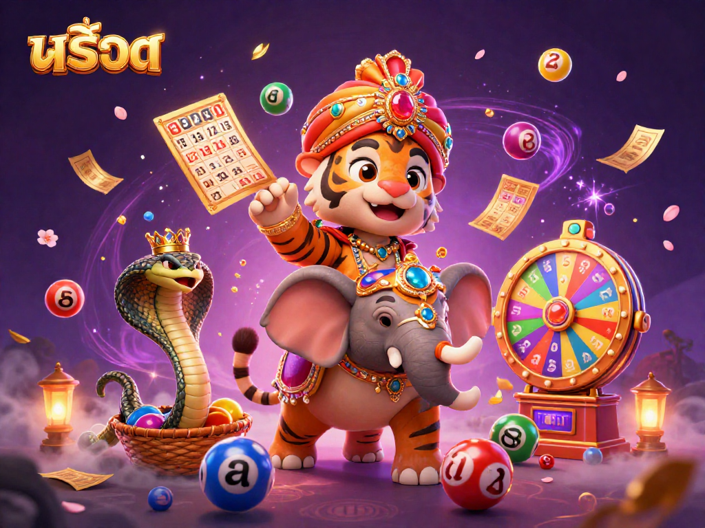 Experience excitement in สล็อต with a vibrant scene featuring a regal tiger, an elephant, and animated lottery elements.