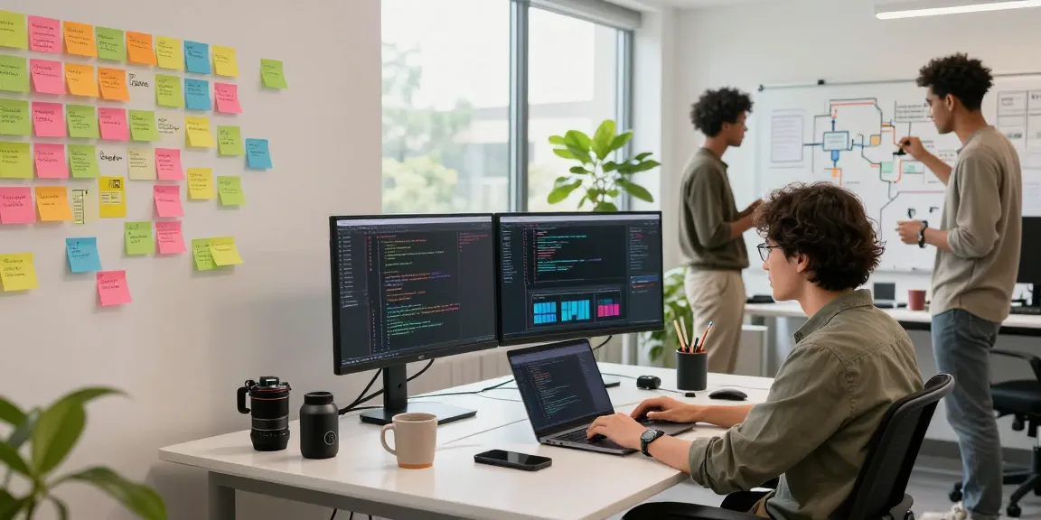 Build internal tools with AI in a collaborative software development workspace with diverse team members focused on coding.