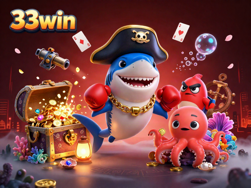 Experience the excitement of 33win with a playful pirate shark, pufferfish, and octopus amidst treasures.