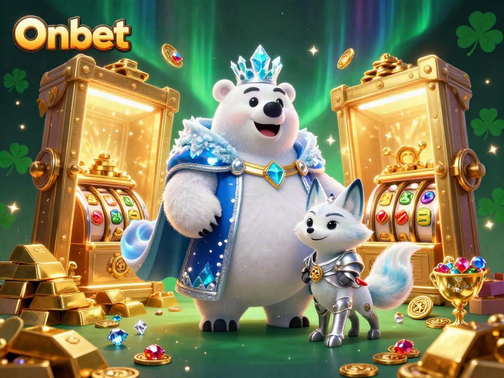 Onbet's fantasy scene with polar bear and snow fox among slot machines and treasures.