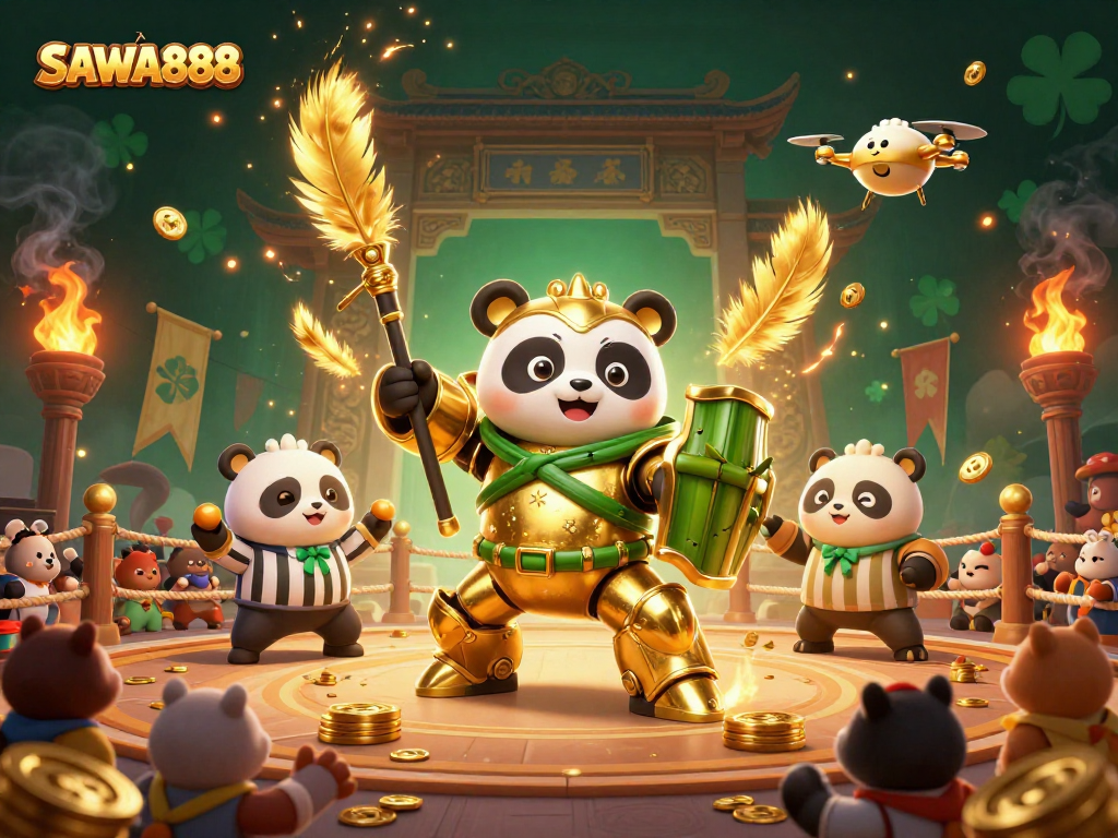 Experience thrilling gameplay with SAWA888 as a golden panda battles in a vibrant arena surrounded by cheering fans.