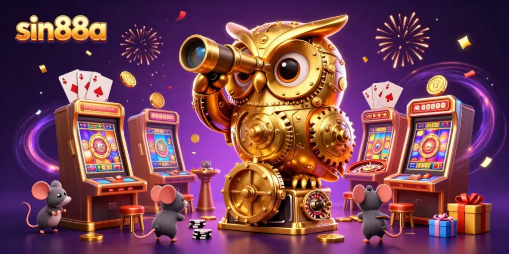 Experience fun at sin88a with an immersive casino scene featuring a golden owl and lively gameplay elements.