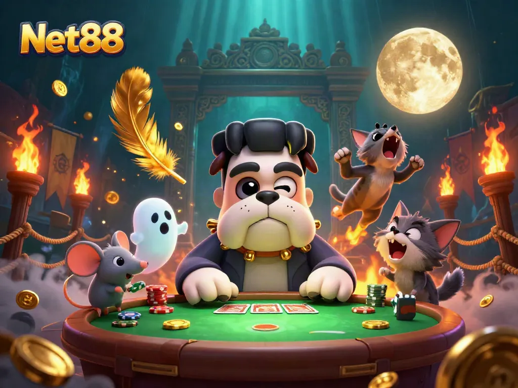 Net88 showcases a crowded casino scene with a Frankenstein bulldog dealing cards and gambling ambiance.