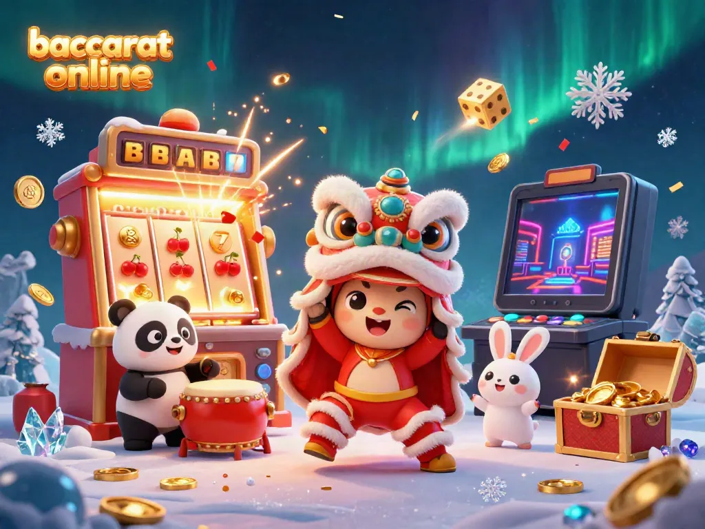 Baccarat online: festive lion dance and casino symbols create an exciting gaming atmosphere.