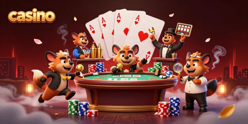 Hyenas run a lively casino club, showcasing gambling action and vibrant atmosphere.