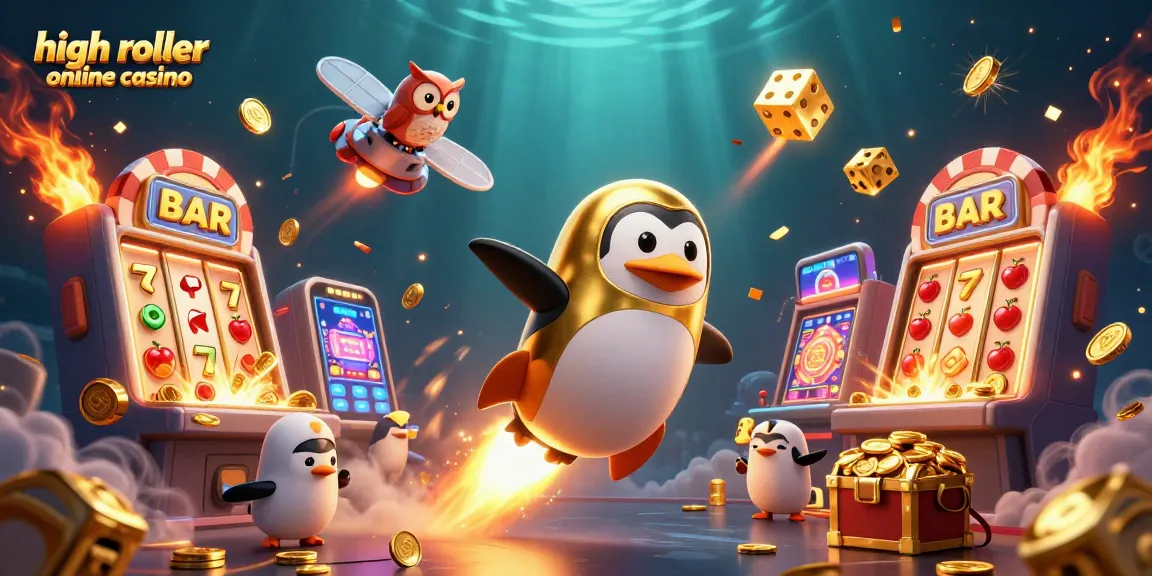 Experience excitement in a high roller online casino with a golden penguin, slot machines, and vibrant elements.