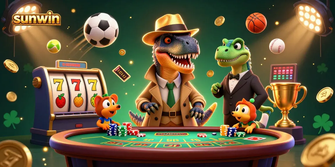 Engage with sunwin's lively 3D casino scene featuring a velociraptor counting cards.