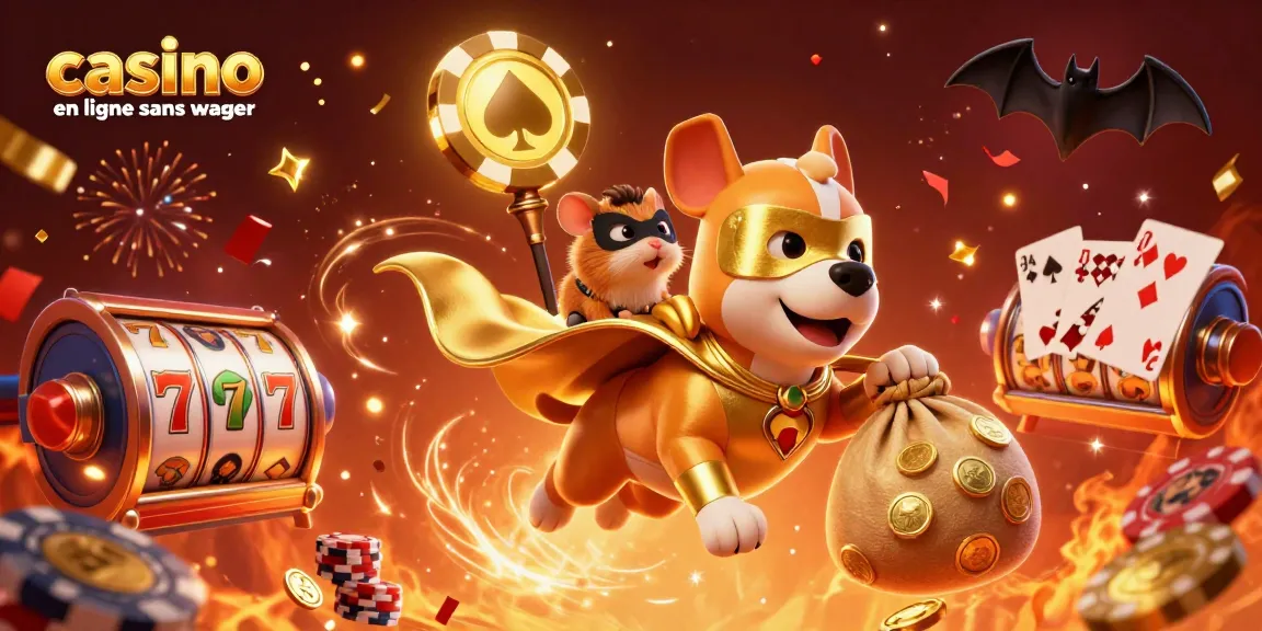 Illustration dynamique du casino en ligne sans wager avec un chien super-héros et des éléments de jeux d'argent.