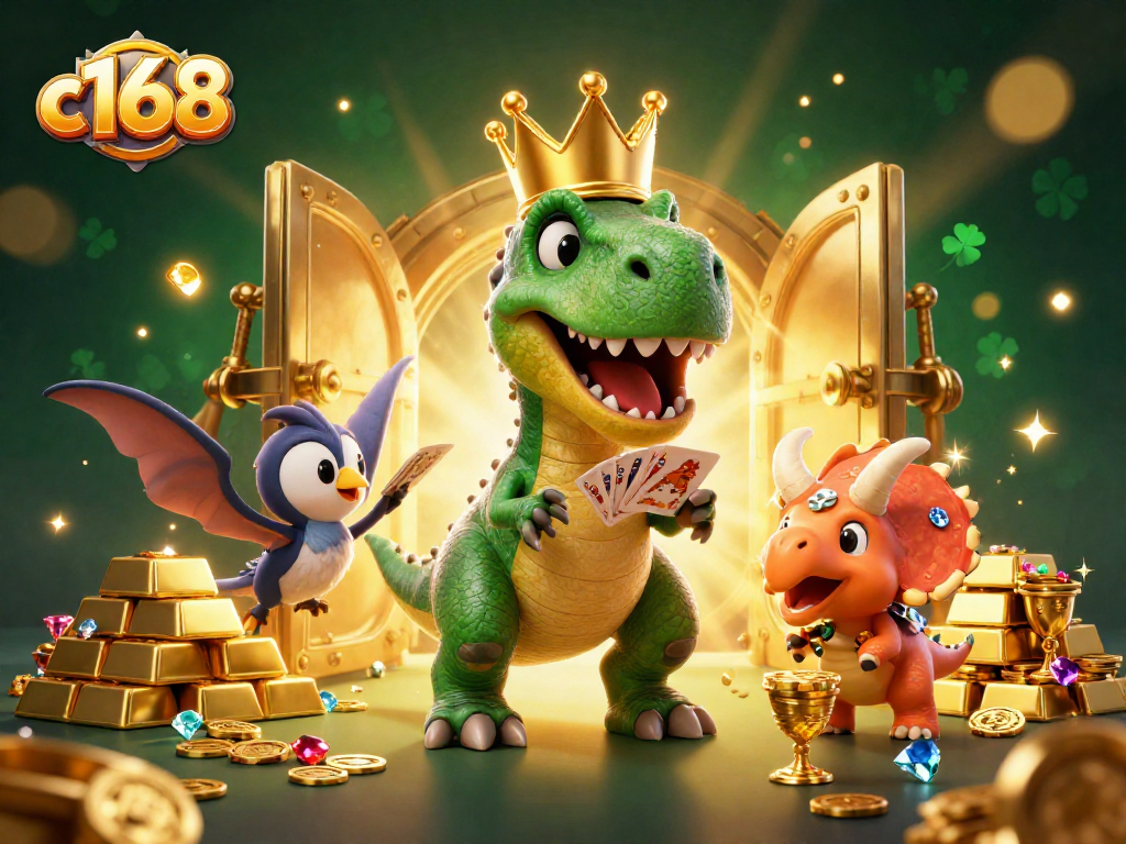 Experience the excitement of c 168 with dinosaurs and golden treasures in a dynamic casino-themed scene.