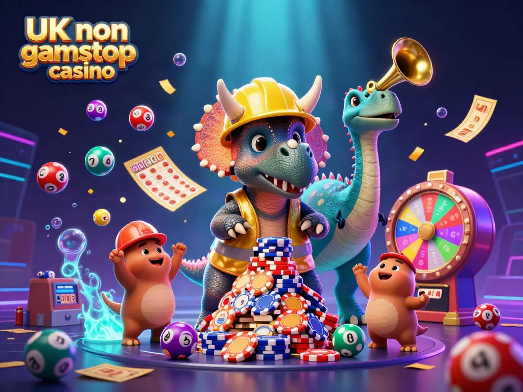 Engaged scene showcasing a UK non gamstop casino theme with a triceratops building poker chips