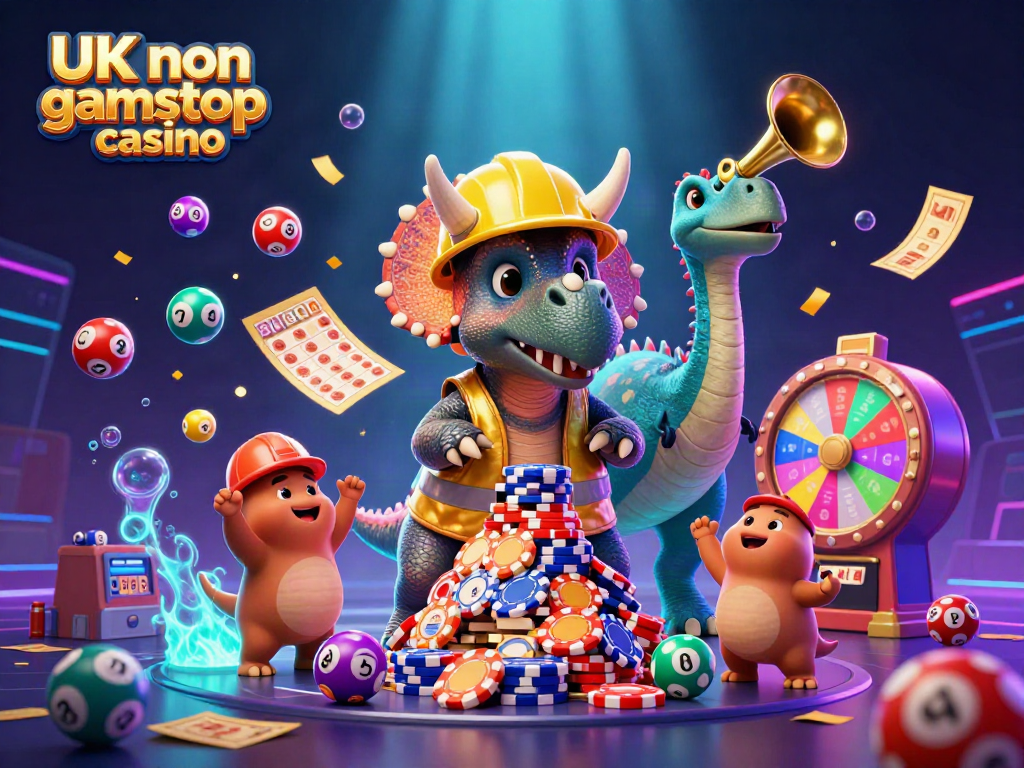 Engaged scene showcasing a UK non gamstop casino theme with a triceratops building poker chips