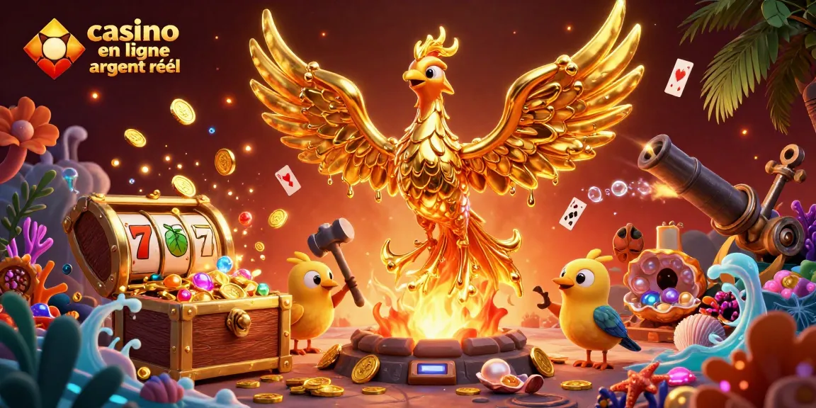 Un joueur interagissant sur un casino en ligne argent réel avec un phénix doré et des éléments de jeu.
