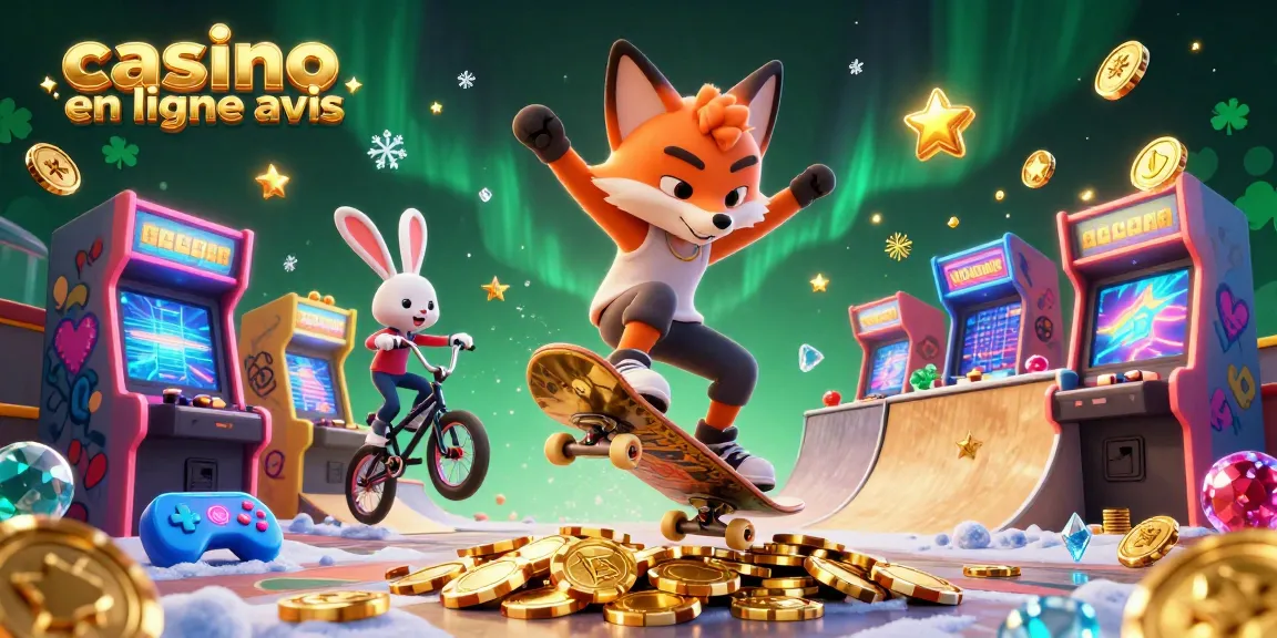 Visuel vibrant et dynamique illustrant le skateboarder et le lapin en BMX affichant un avis sur un casino en ligne.