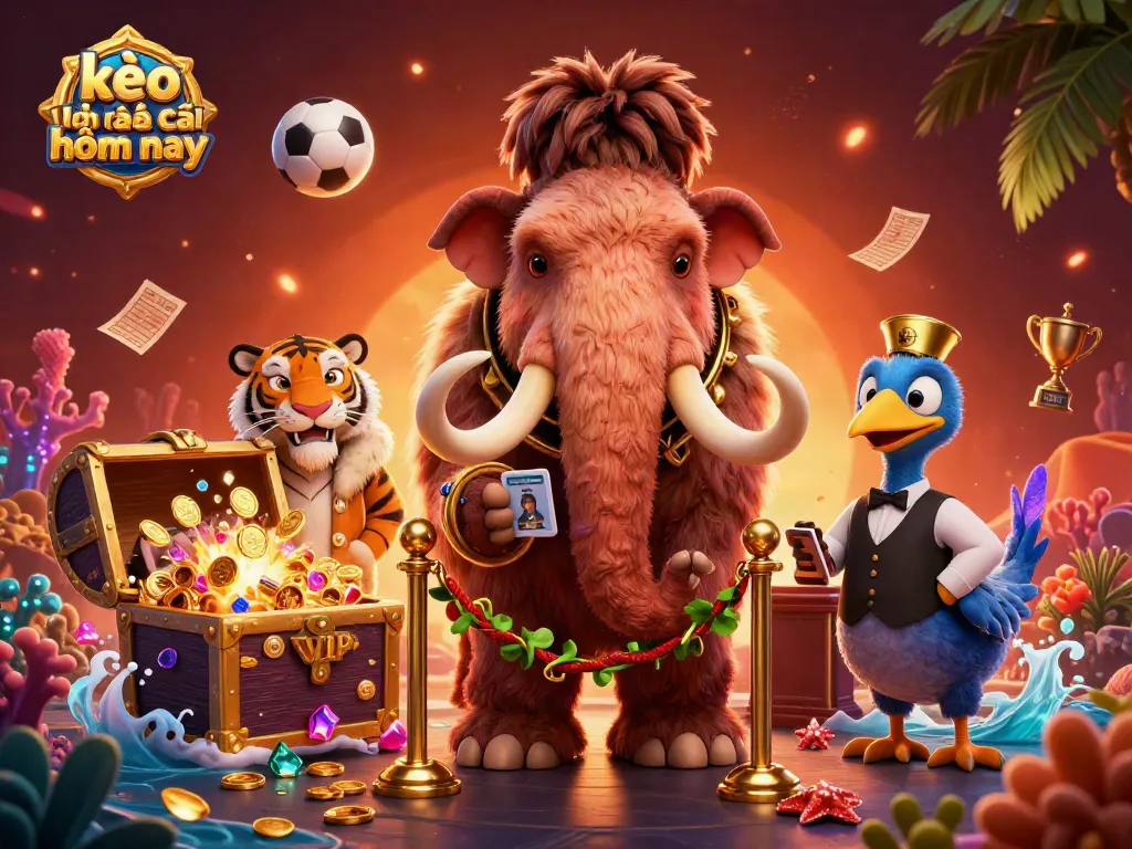 Experience kèo nhà cái hôm nay with vibrant casino-themed 3D illustration of jungle characters.