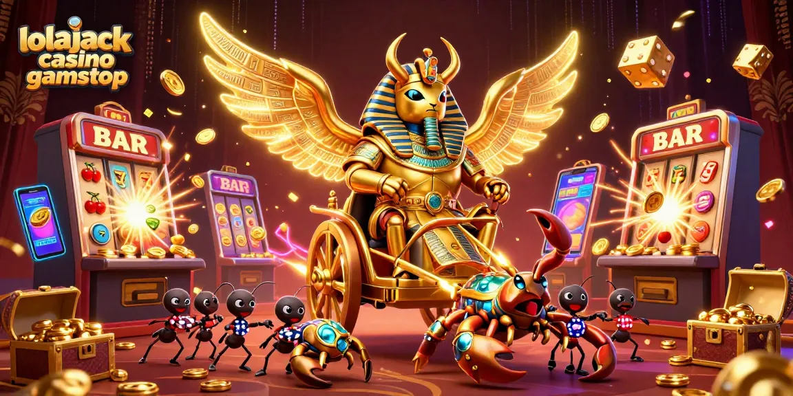 Experience the thrilling world of lolajack casino gamstop with exciting game elements bursting from a golden scarab scene.