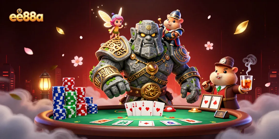 Experience the exciting world of gambling with ee88a featuring golem guardian, magic fairy, and hamster knight at a poker table.