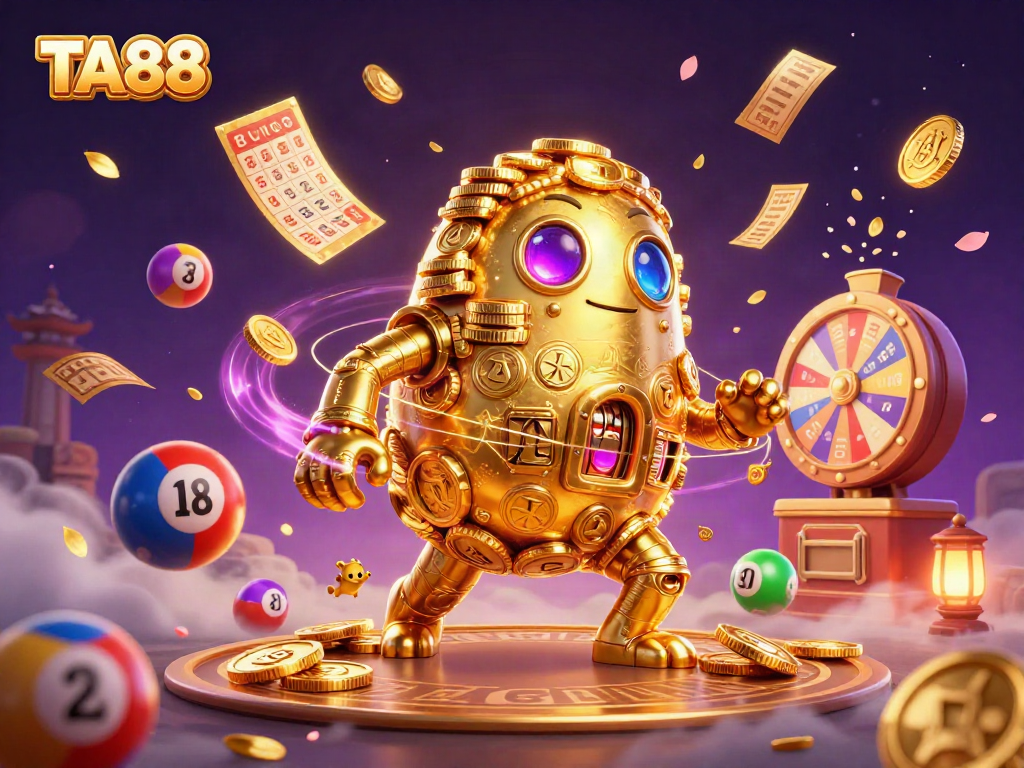 Engage with TA88's rich gambling universe featuring dynamic lottery balls and golden ticket effects.