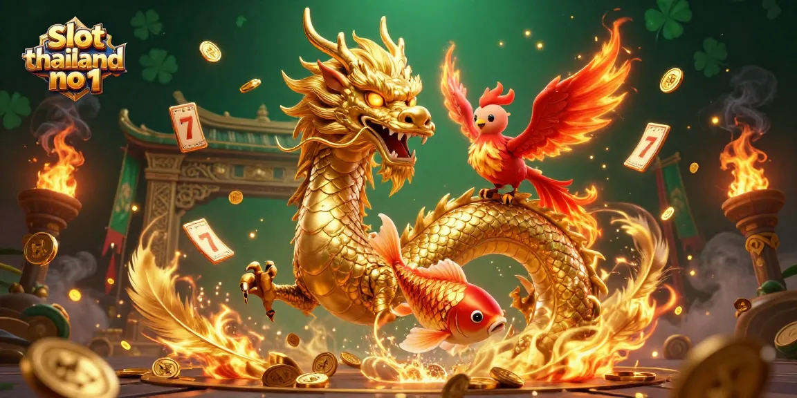Engage in thrilling moments at slot thailand no 1 with a dragon, phoenix, and koi fish amidst gold coins.