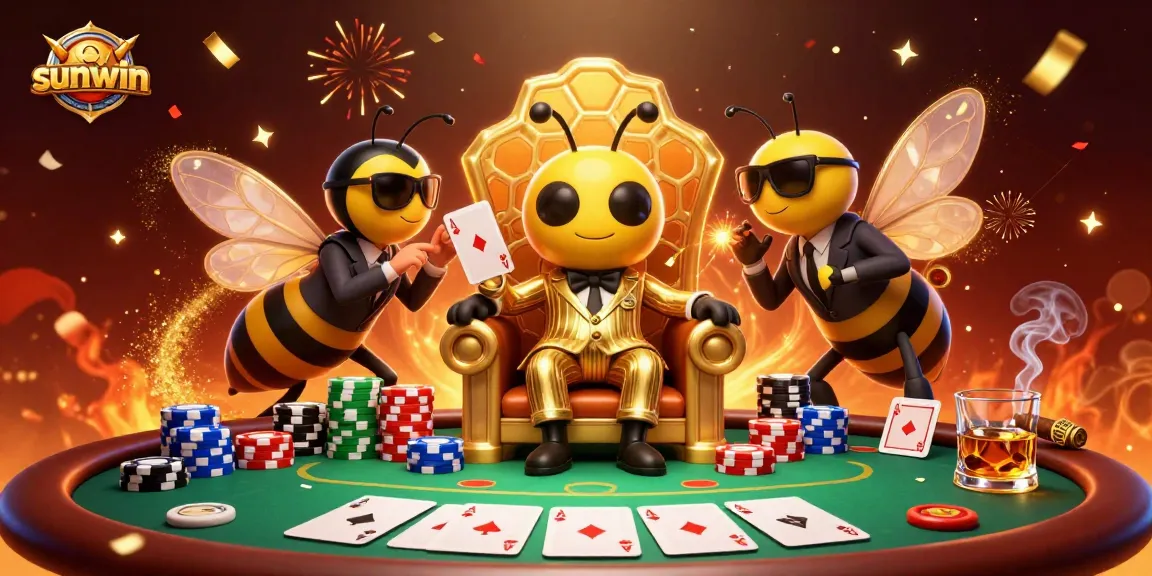 Experience the thrilling sunwin card game atmosphere with a bumblebee in a suit and vibrant casino elements.