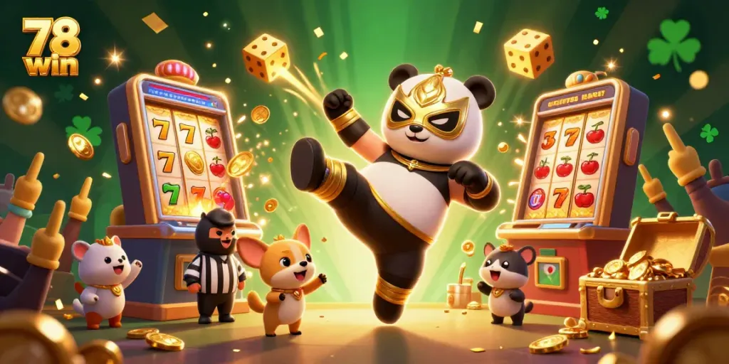 Engage with exciting 78 win action featuring a luchador panda kicking amid a jackpot explosion in a vibrant casino