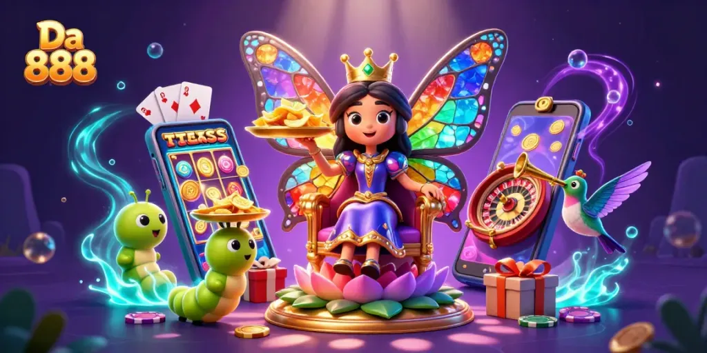 Spin the reels and win with Da 888's vivid casino illustration of colorful characters and gaming elements.