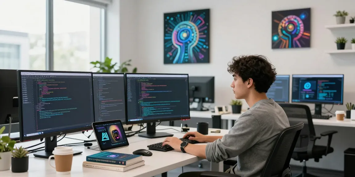 Innovative workspace with AI development, showcasing spicy ai coding and design activities.
