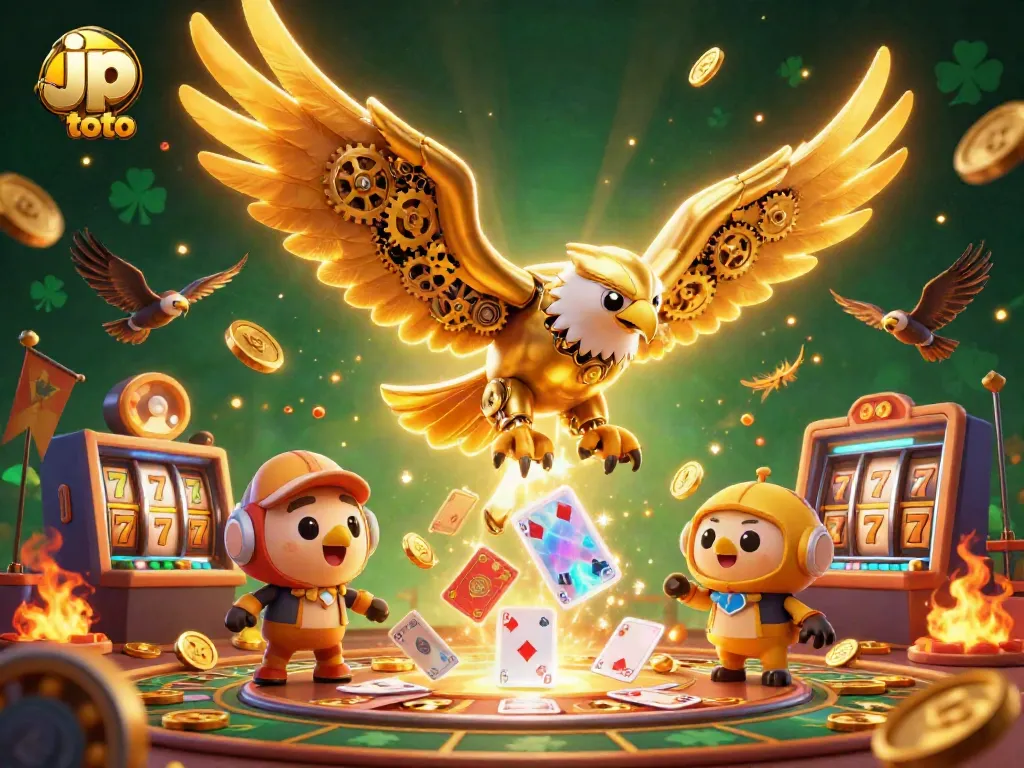 Win big with jp toto in an action-packed casino scene featuring a golden eagle diving through holographic cards.