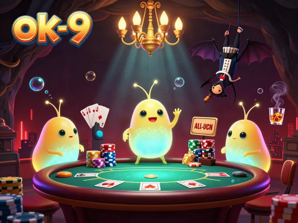 Experience the excitement of ok-9 casino with glowworms lighting a vibrant poker game under a stunning atmosphere.