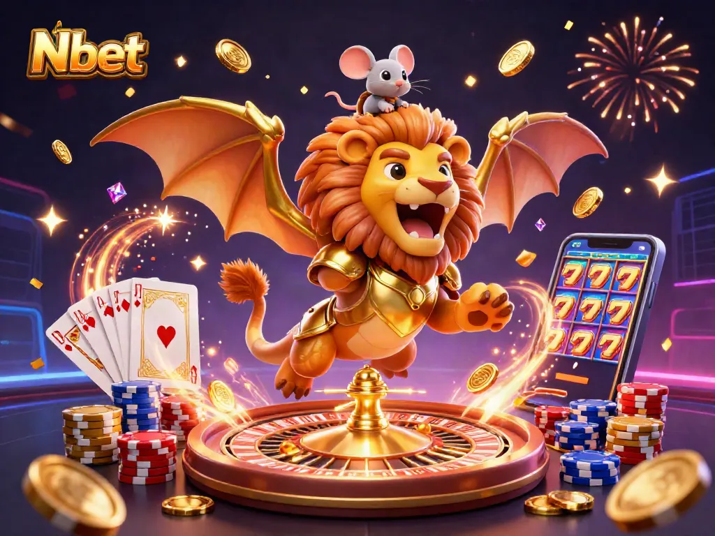 Nbet triumphantly showcases a majestic chimera creature, surrounded by dazzling casino elements to celebrate winning.