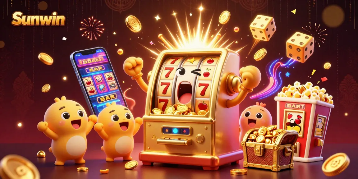 Sunwin slot machines celebrate a jackpot victory with coins pouring out, showcasing thrilling casino elements.