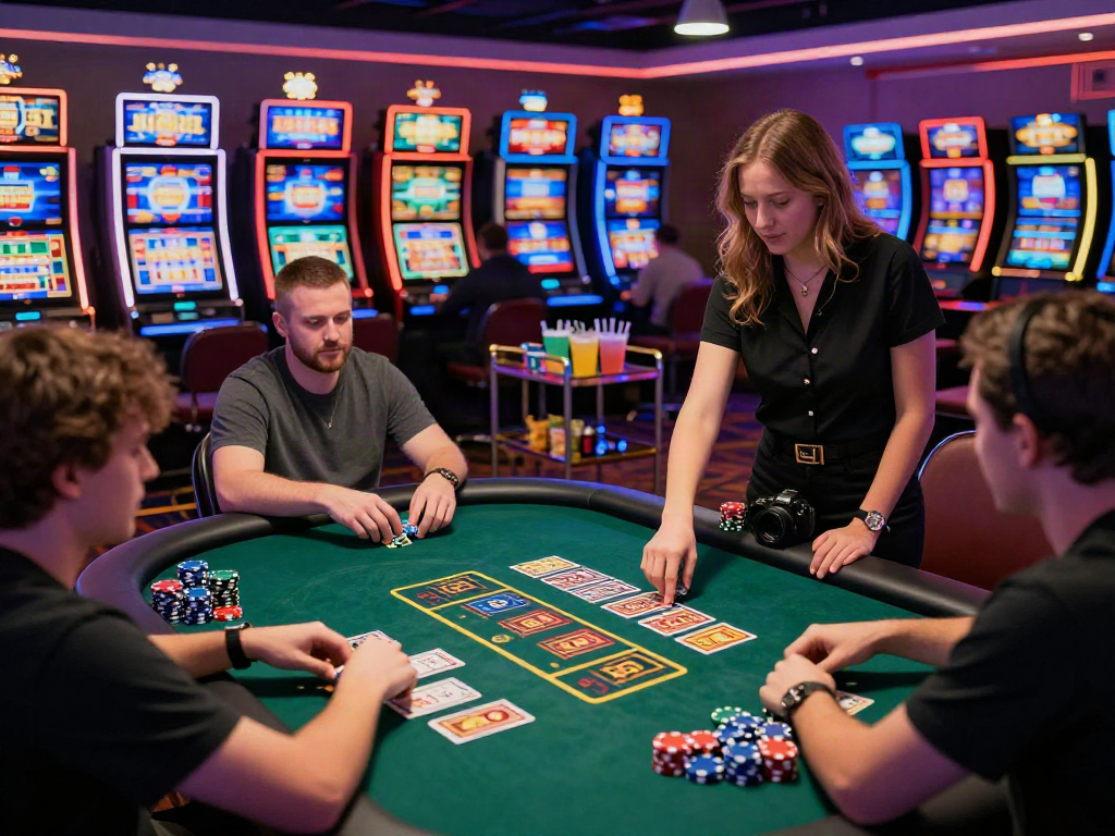 Thrilling gaming experience at NBET online casino showcasing players enjoying card games and vibrant slot machines, enhancing Link vào Nbet.