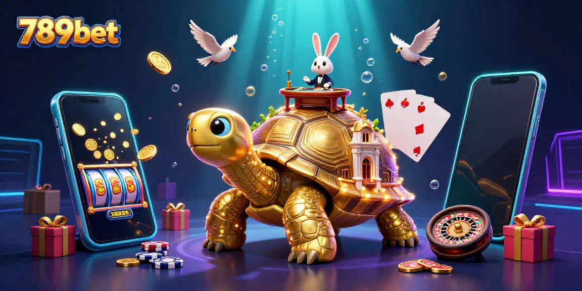 Experience thrilling excitement with 789bet's unique casino illustration of a golden tortoise gaming oasis.