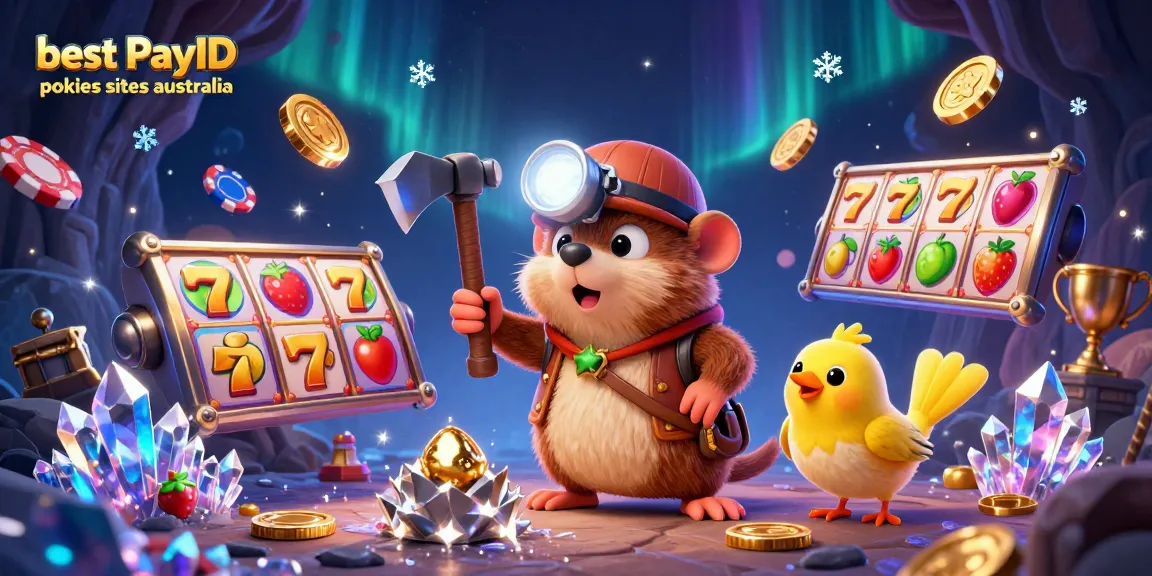 Explore the thrilling world of best PayID pokies sites Australia, featuring a treasure hunter mining for golden symbols in a casino.