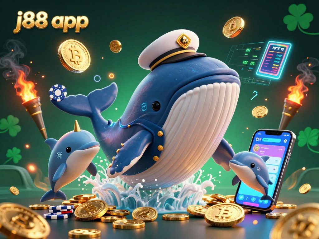 Experience the thrill of winning with the j88 app, showcasing a 3D whale and vibrant casino elements.